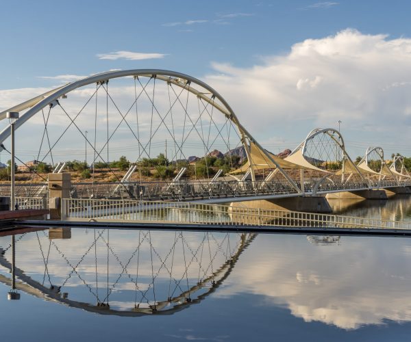 A modern white arch pedestrian bridge spans a calm waterway, with its curved steel structure and suspension cables reflected in the water below. Native desert vegetation and landscaped open space surround the bridge.