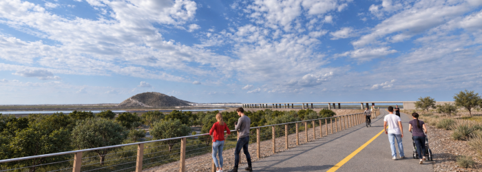 Realistic rendering of people walking along paved desert trail.