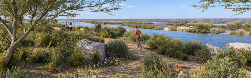 Realistic rendering of people walking along paved desert path, a river along the right side.