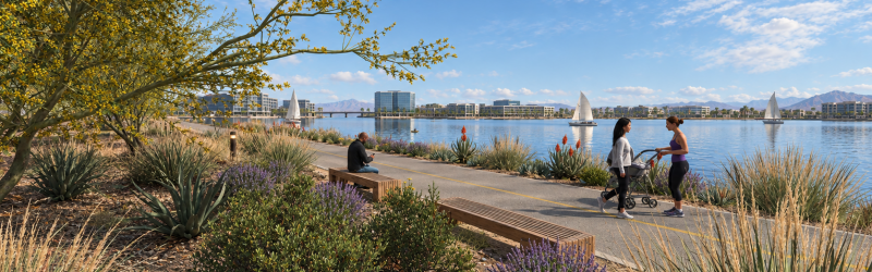 Conceptual rendering of walking path surrounded by desert landscape on one side and body of water on the other.